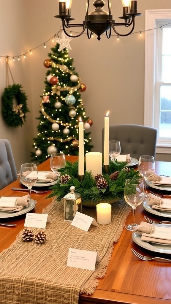 A festive Christmas table setting with pinecones, candles, and handmade decorations.
